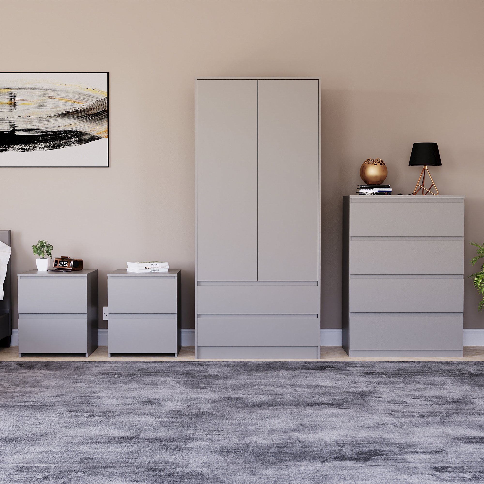 Vida Designs Denver Bedroom Set (2x Bedside, 4 Drawer Chest, Wardrobe) - Grey