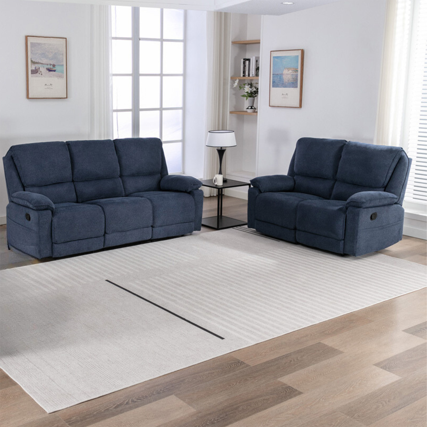 Furniture Online Sydney Manual Recliner Linen 2+3 Seater Sofa Set - Blue
