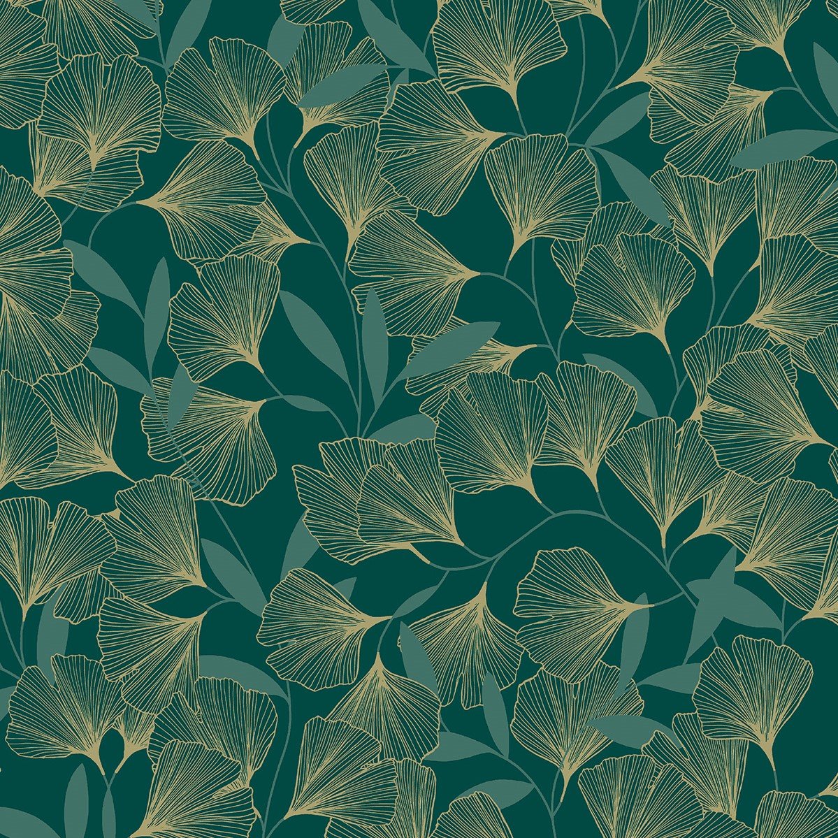 Grandeco Gingko Leaf Textured Metallic Wallpaper - Green