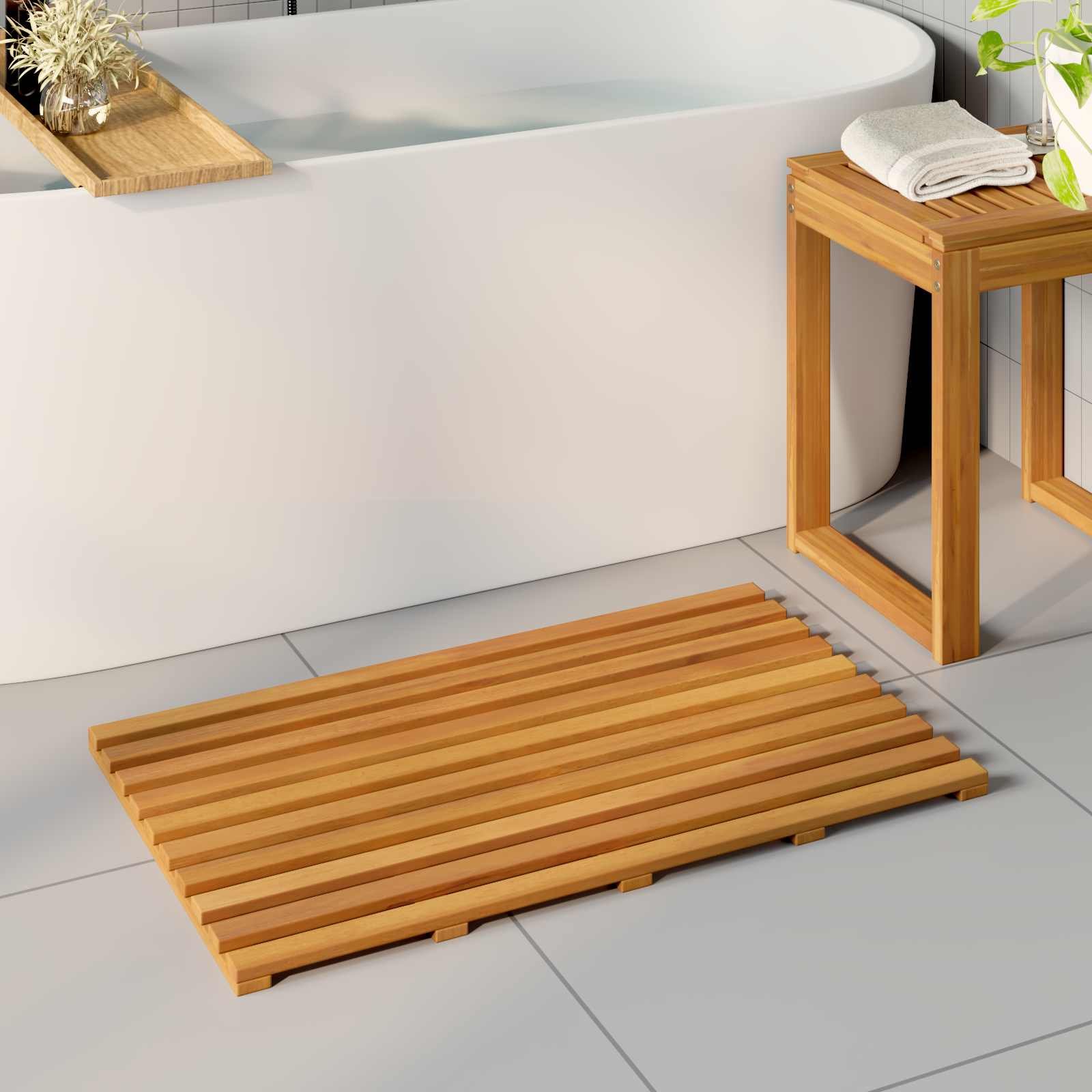 Walplus Wood Bath Mat Plain - Brown - 80 x 48 x 2.5 cm
