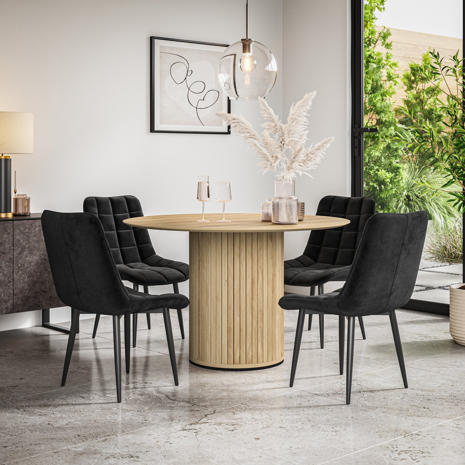 Furniture Online Arlo Nova Oak Top w Oak Legs Dining Table & 4 Black Chairs