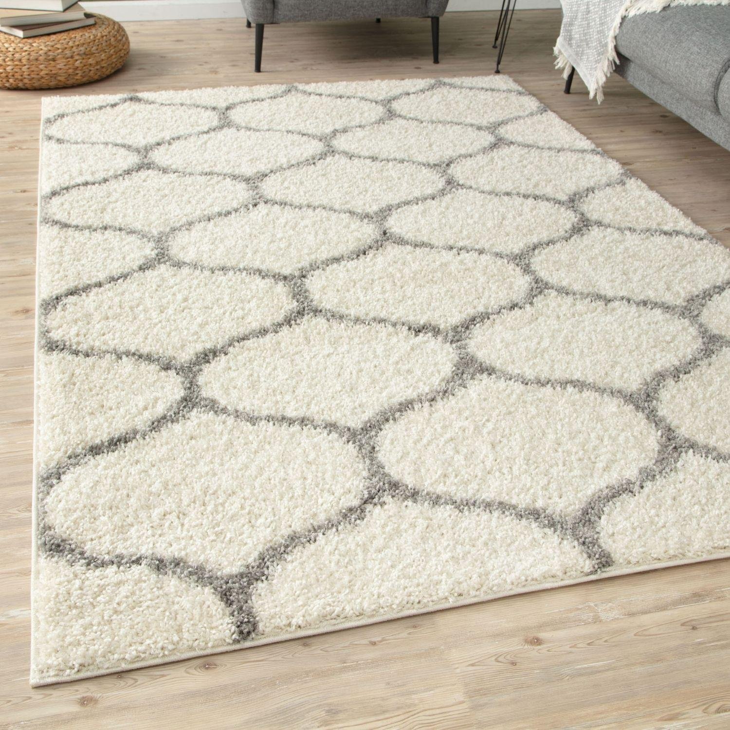 The Rugs Cream and Grey Moroccan Shaggy Trellis Rug - 60 x 110cm