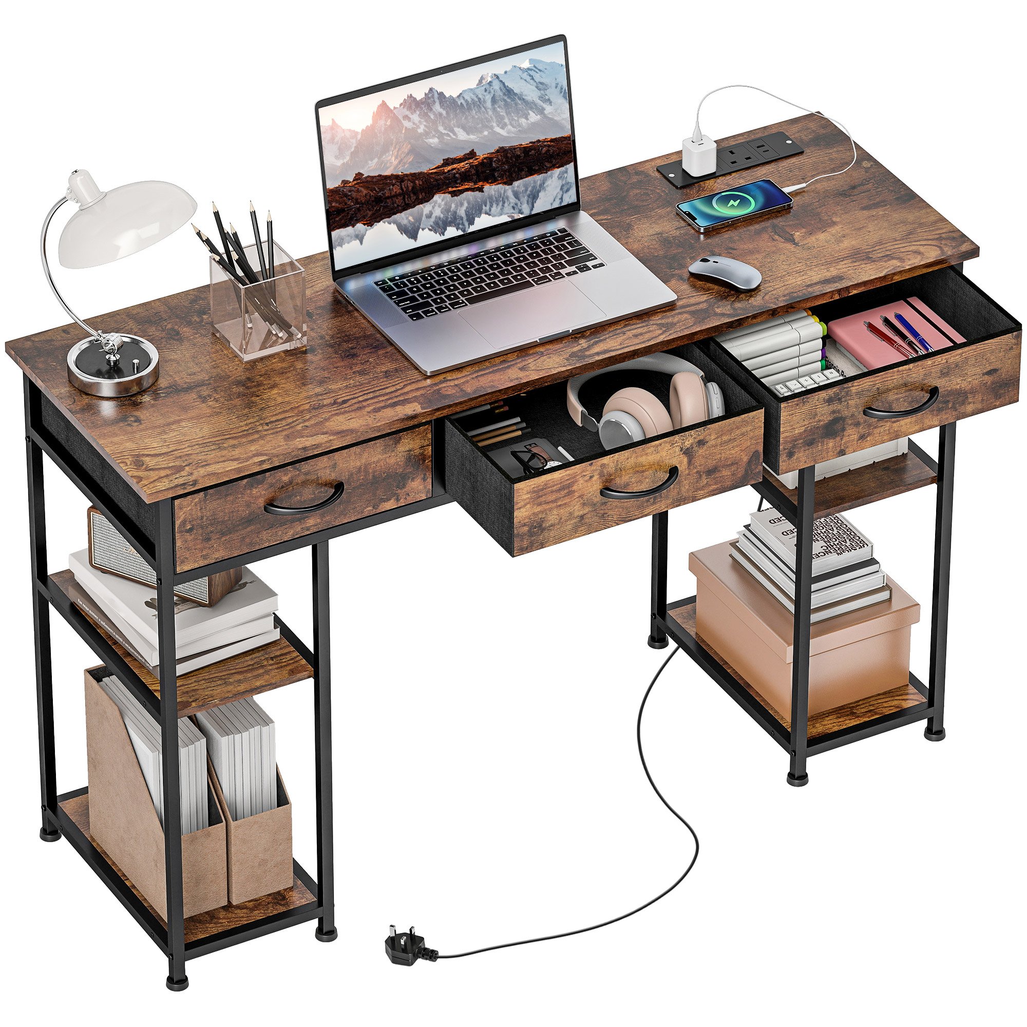HOMCOM Industrial Computer Desk with Power Outlets - Rustic Brown