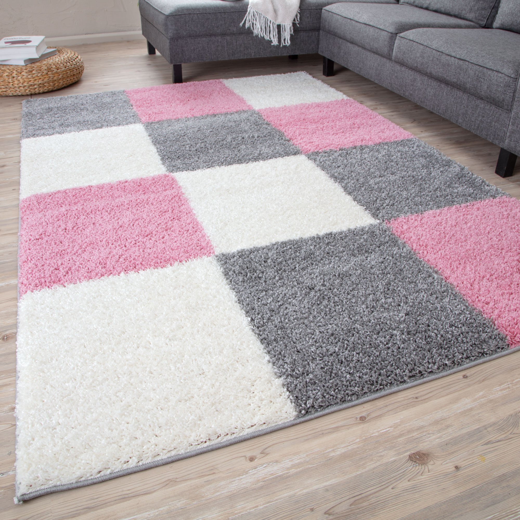 The Rugs Pink Myshaggy Checkered Shaggy Rug - 60 x 110cm