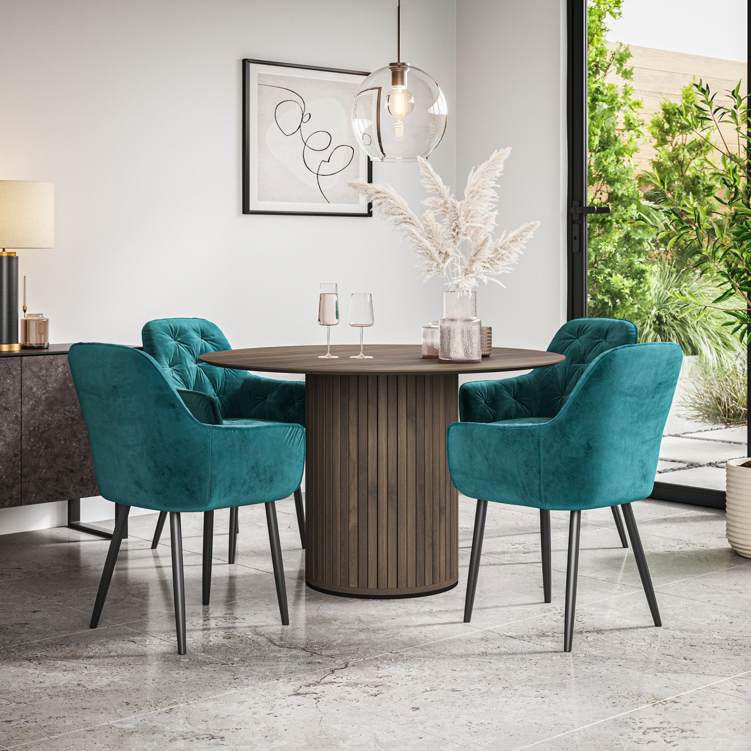 Furniture Online Arlo Anika Walnut Top w Wal Legs Dining Table & 4 Blue Chairs