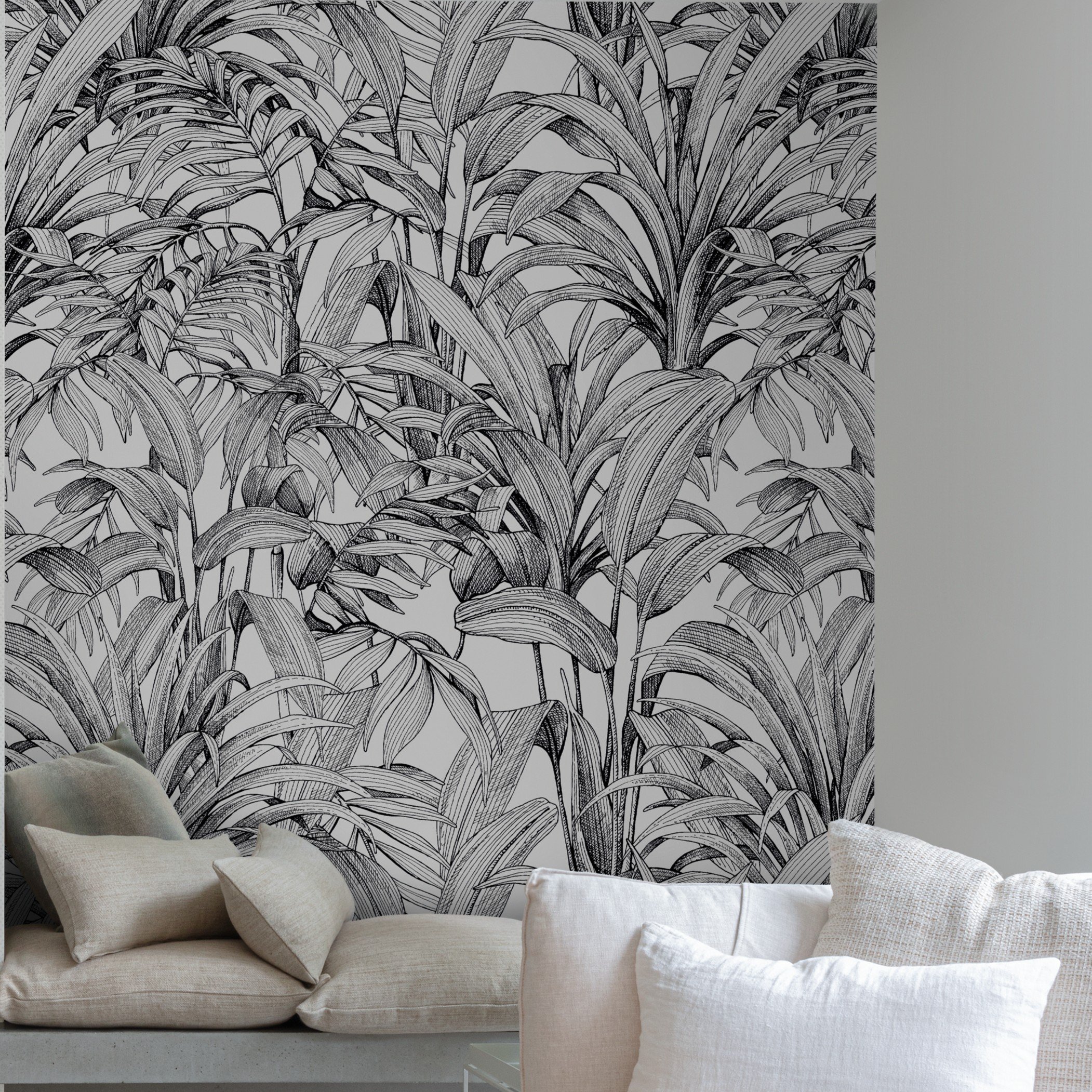 Grandeco Aliare Botanical Palm 3 Lane Repeatable Wallpaper Mural   - White