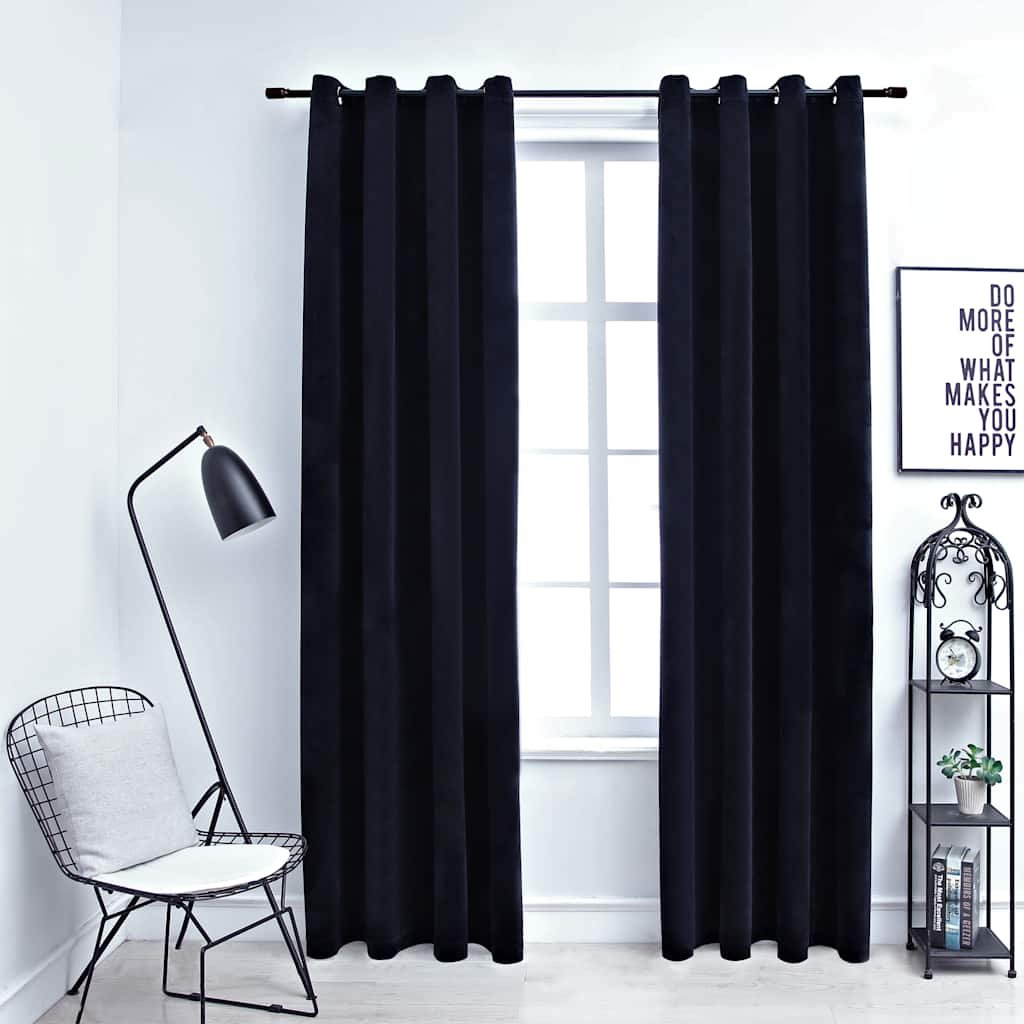 Walplus Pack of 2 Velvet Ring Top Blackout Curtains - Black - 140 x 245 cm