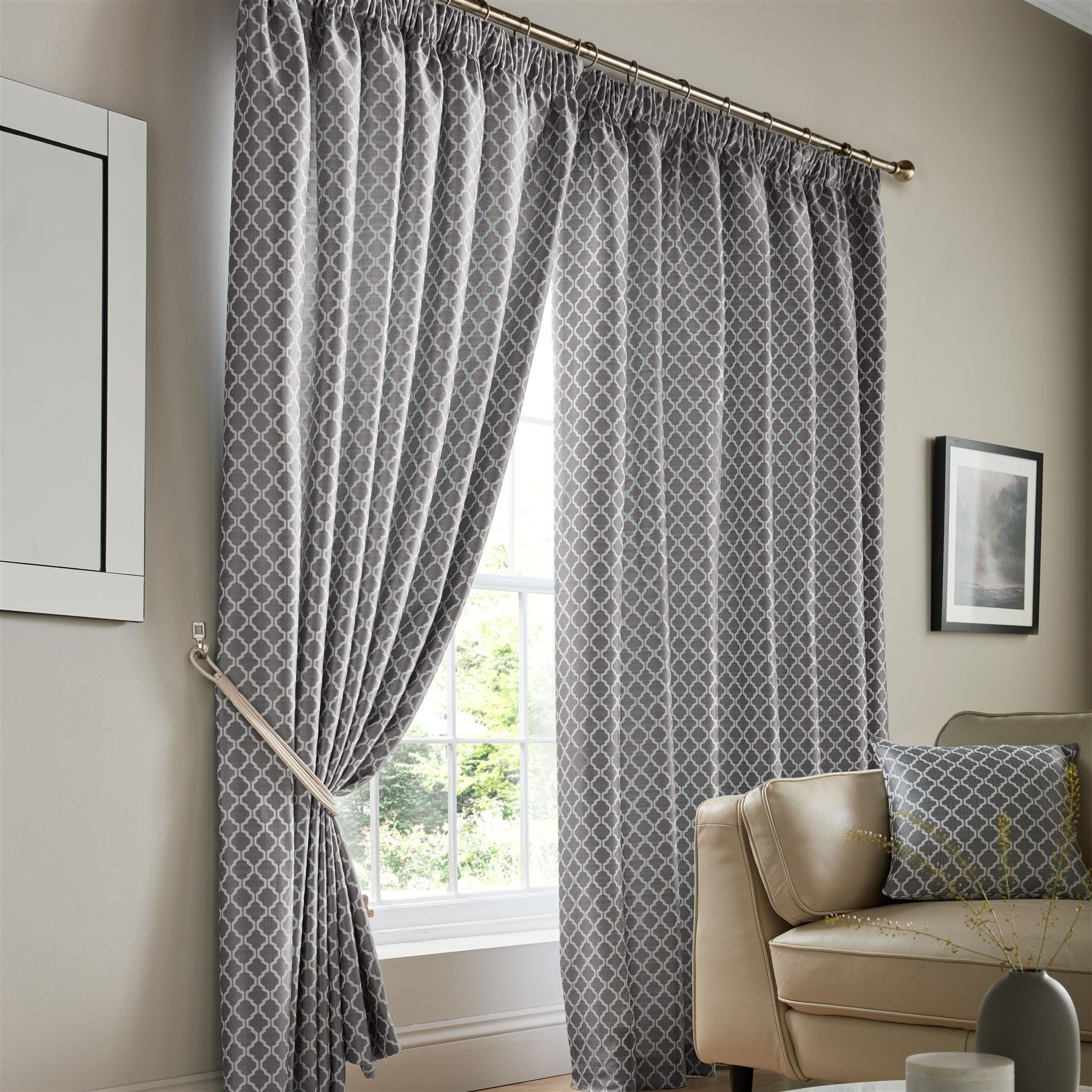 Luxury Living Geometric Lined Pencil Pleat Taped Curtains 117cm x 229cm - Latte