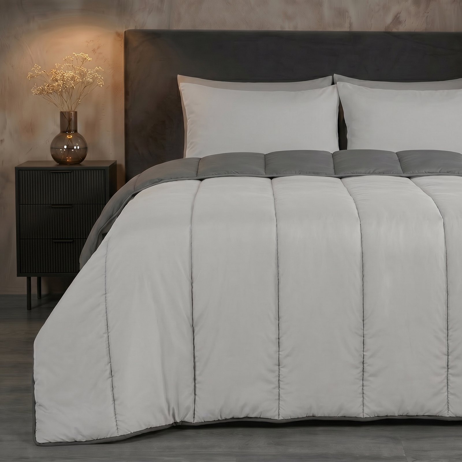 OHS Reversible 10.5 Tog Coverless Duvet Set Bedding - Grey/Silver - Double