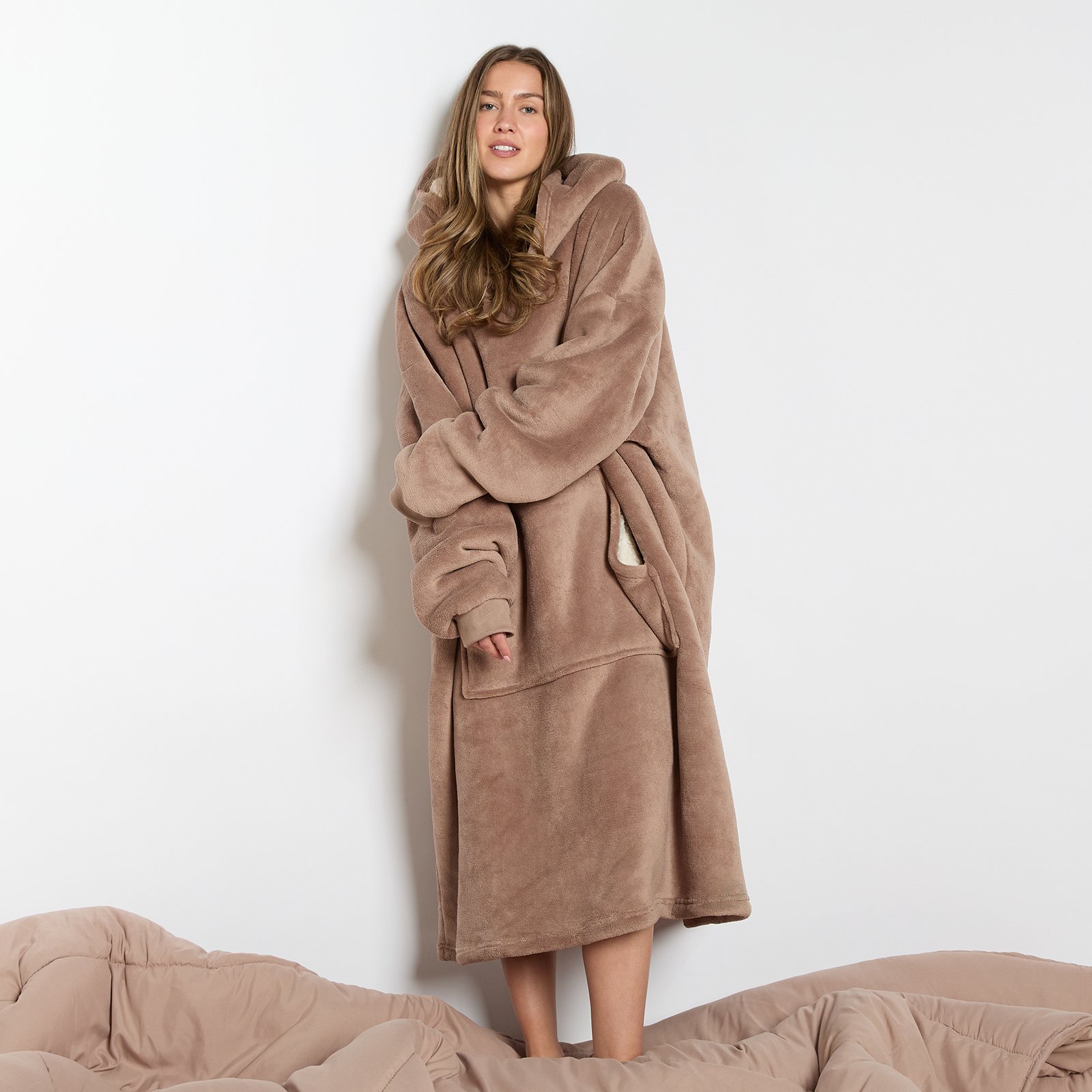 OHS Extra Long Coral Fleece Hoodie Blanket - One Size - Mink
