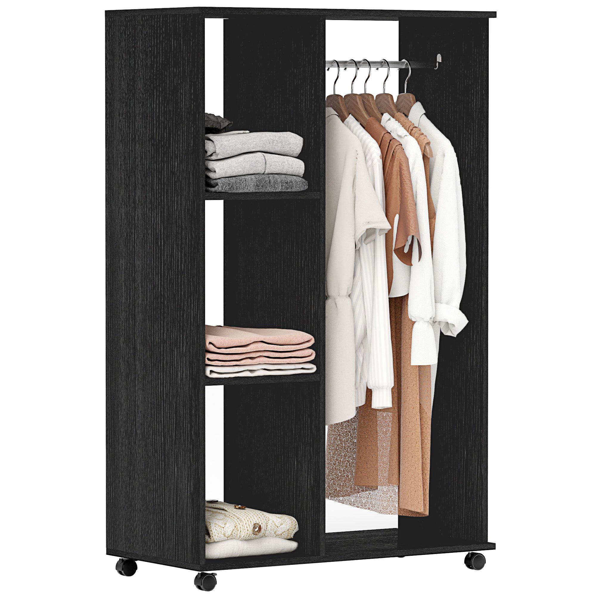 HOMCOM Open Wardrobe with Clothes Hanging Rail and 3 Storage Shelves - Black