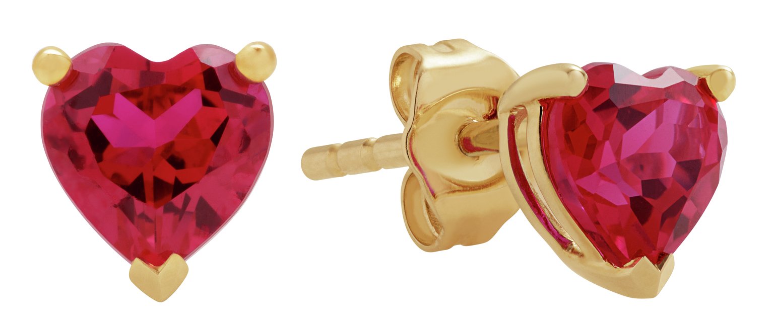 Revere 9ct Gold Created Ruby Heart Stud Earrings