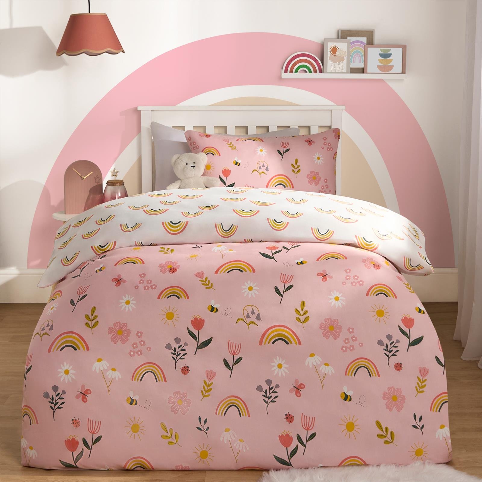 OHS Floral & Rainbow Reversible Duvet Cover Set - Pink - Double
