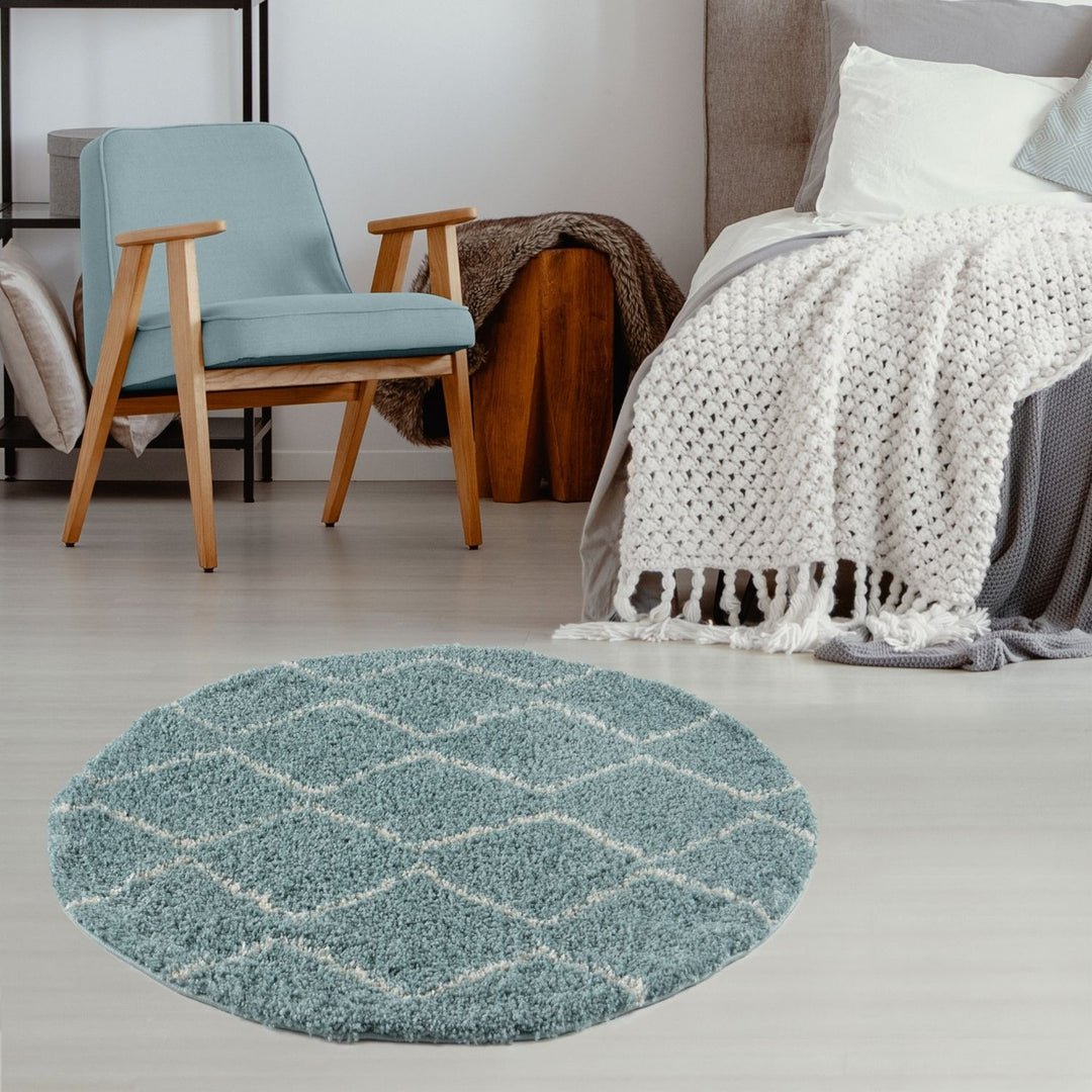 The Rugs Duck Egg Blue Moroccan Shaggy Zigzag Round Rug - 120cm