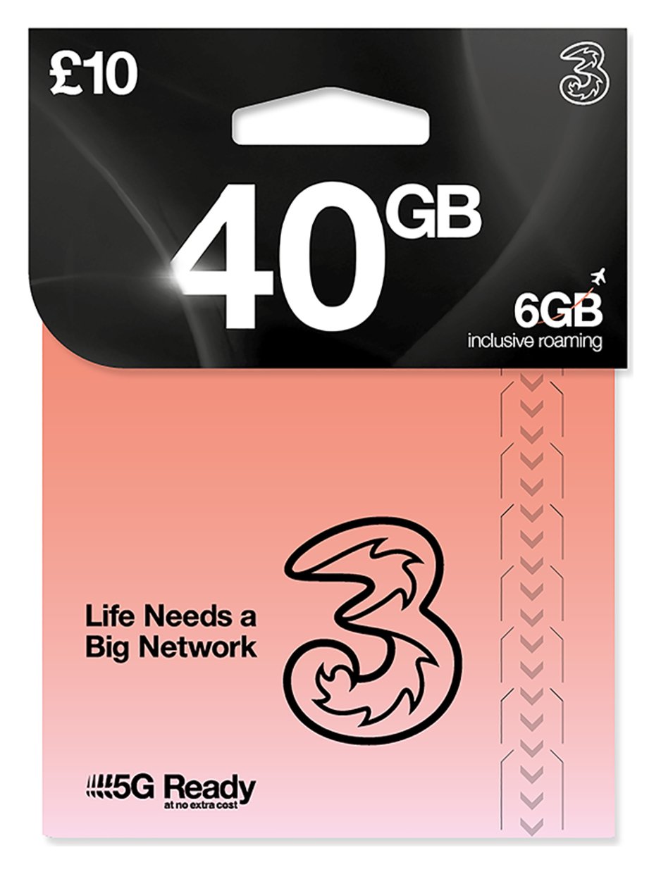 Three 40GB New Pay As You Go SIM Card
