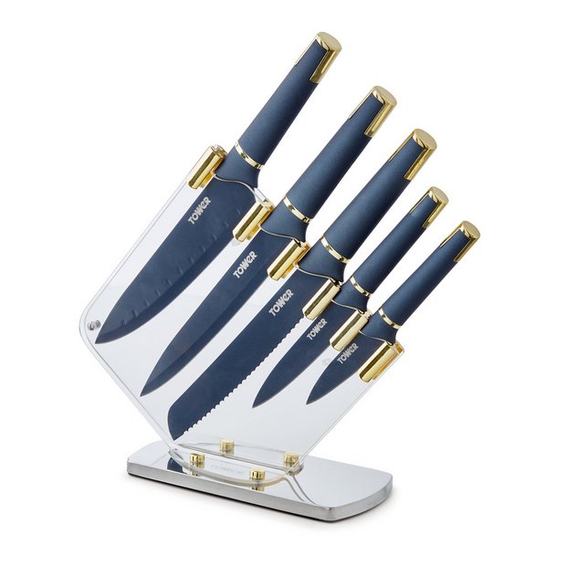 Buy Tower 5 Piece Stainless Steel Knife Set - Blue and Gold, Knives and  knife blocks