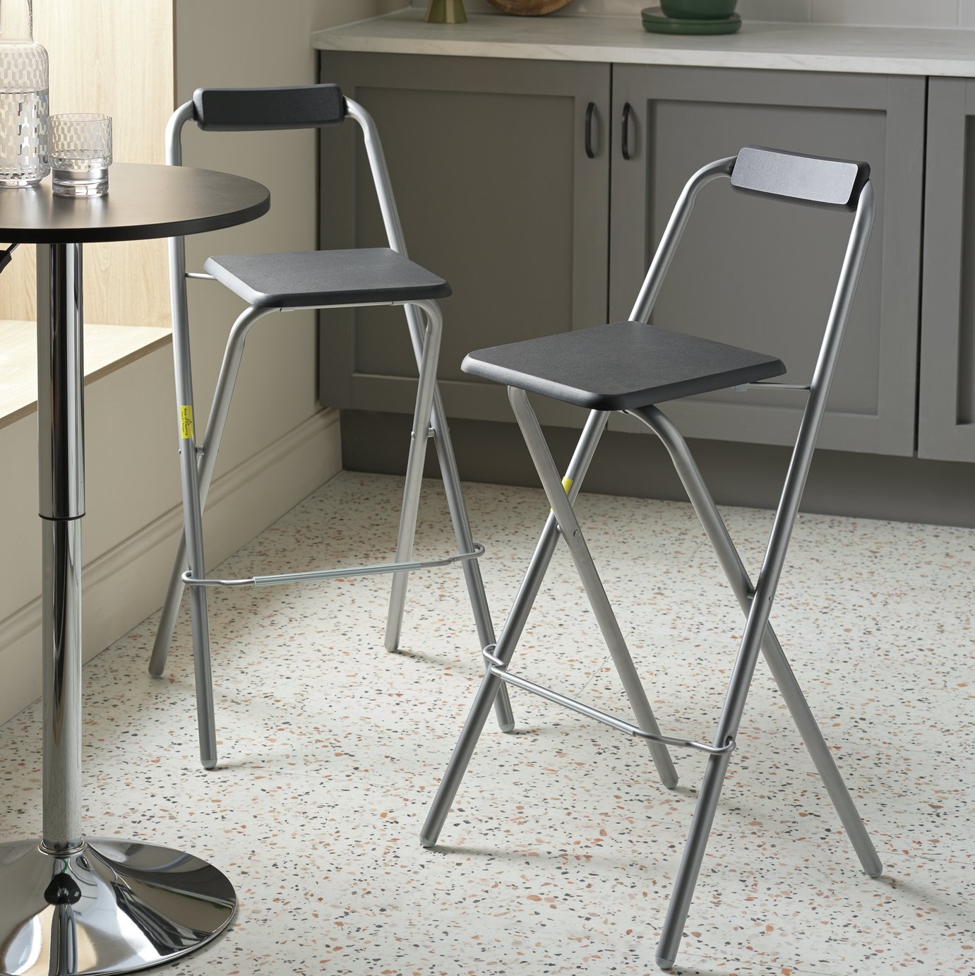 Argos Home Pair of Folding Metal Bar Stools - Black & Silver