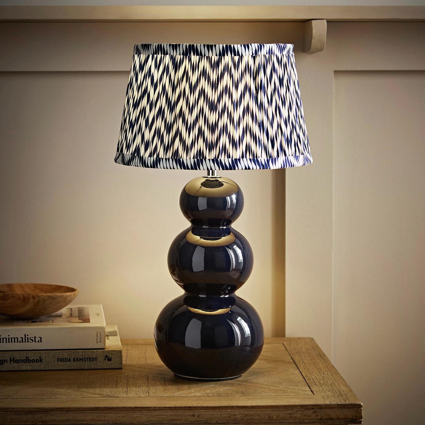 ValueLights Edie Ceramic Bobble Chevron Pleated Shade Table Lamp - Navy Blue