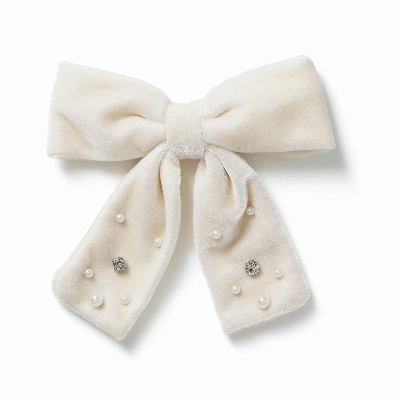 Flitzy White Velvet Bow with Peals Hair Clip