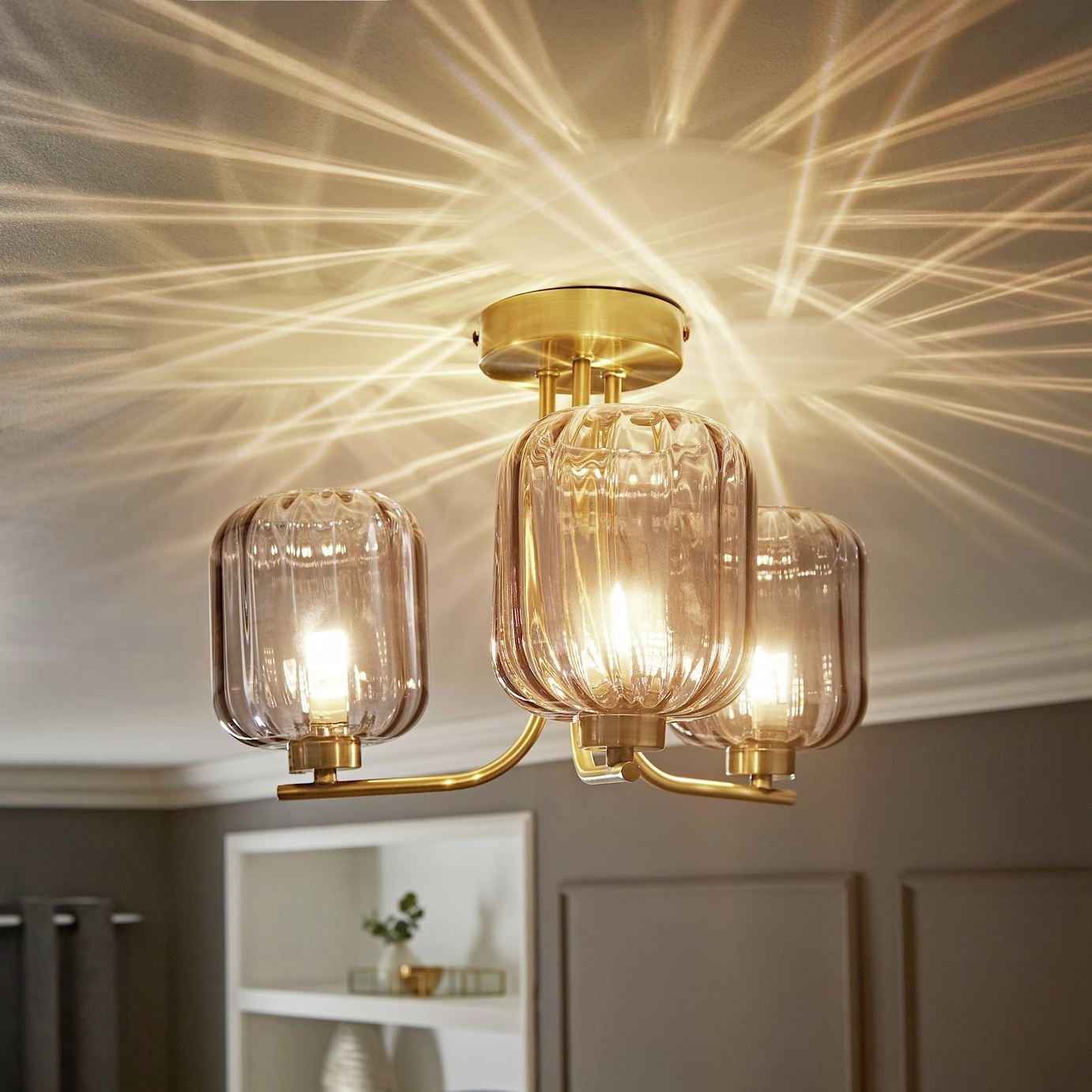 ValueLights Amelie Ribbed Glass Shade 3 Arm Flush Ceiling Light - Gold