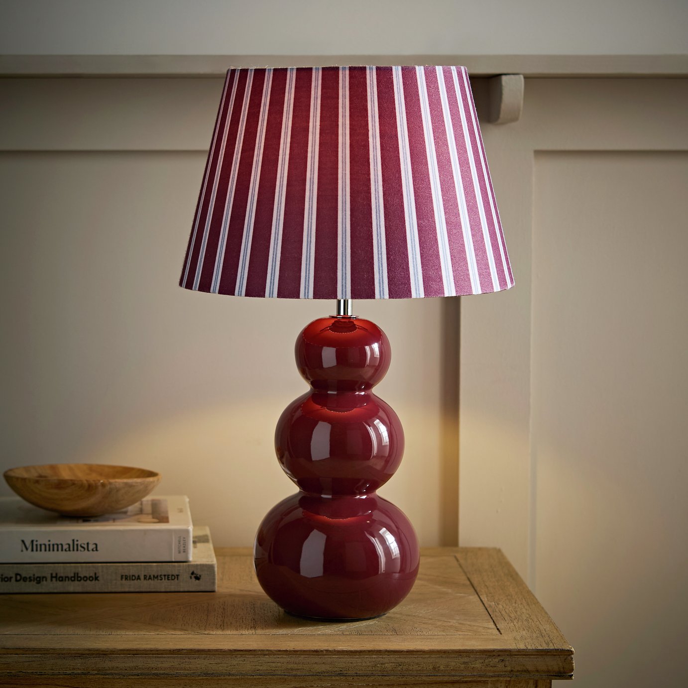 ValueLights Edie Ceramic Bobble With Striped Shade Table Lamp - Burgundy