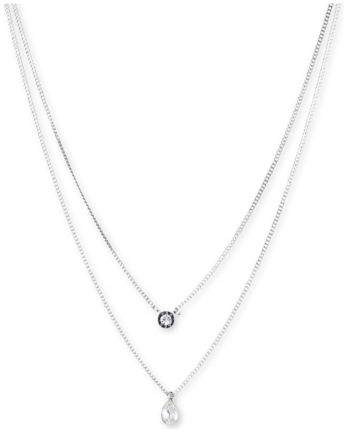 DKNY Silver Tone Crystal Drop Pendant Double Layer Necklace