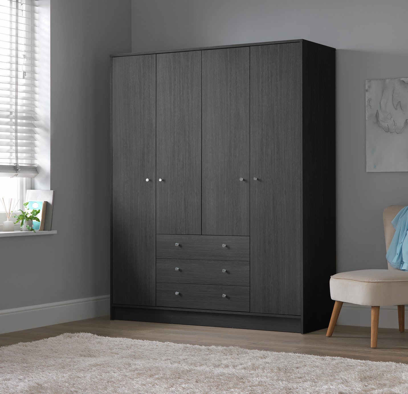 Argos Home Malibu 4 Door 3 Drawer Wardrobe - Black Oak Eff