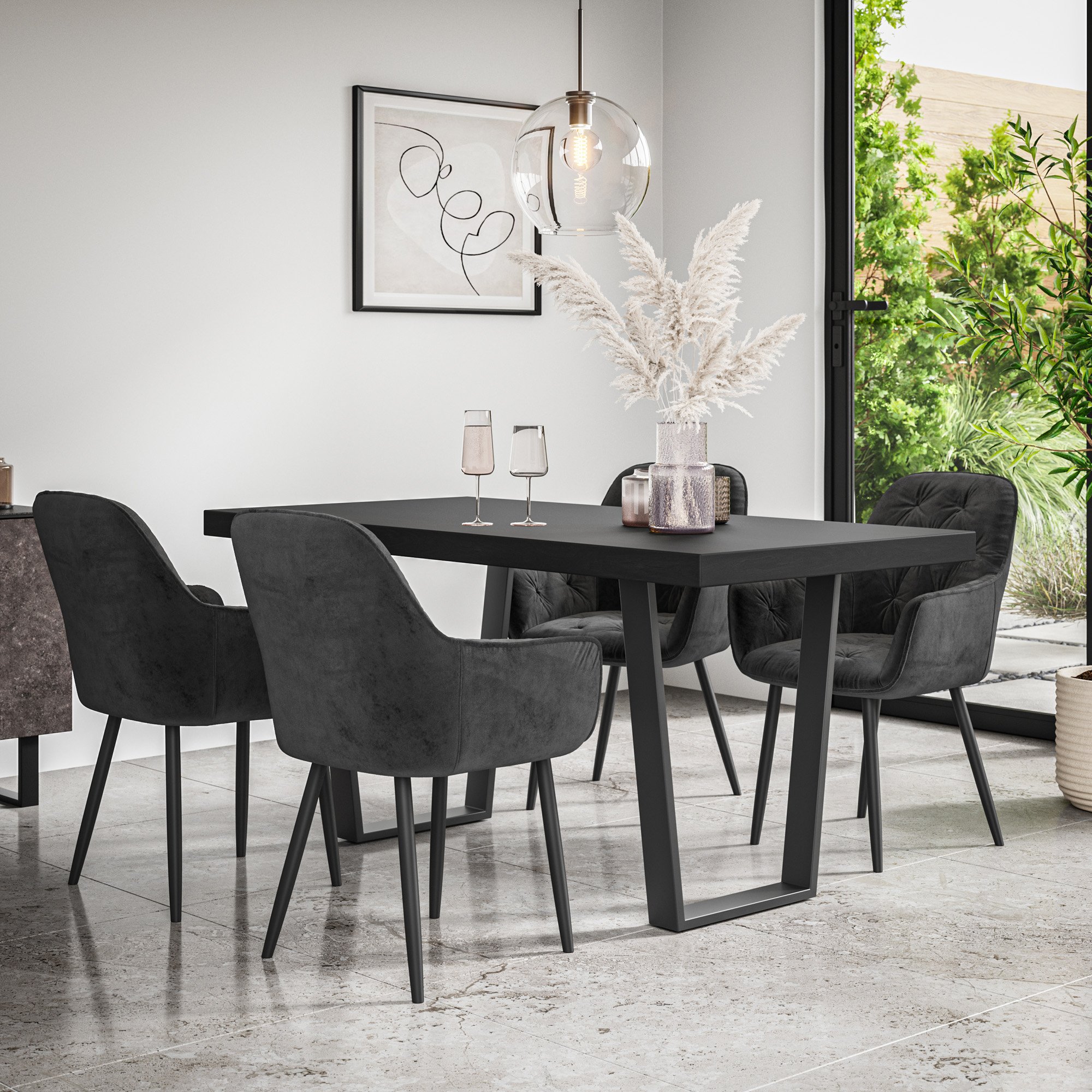 Furniture Online Aria Anika Black Top Dining Table & 4 Black Chairs