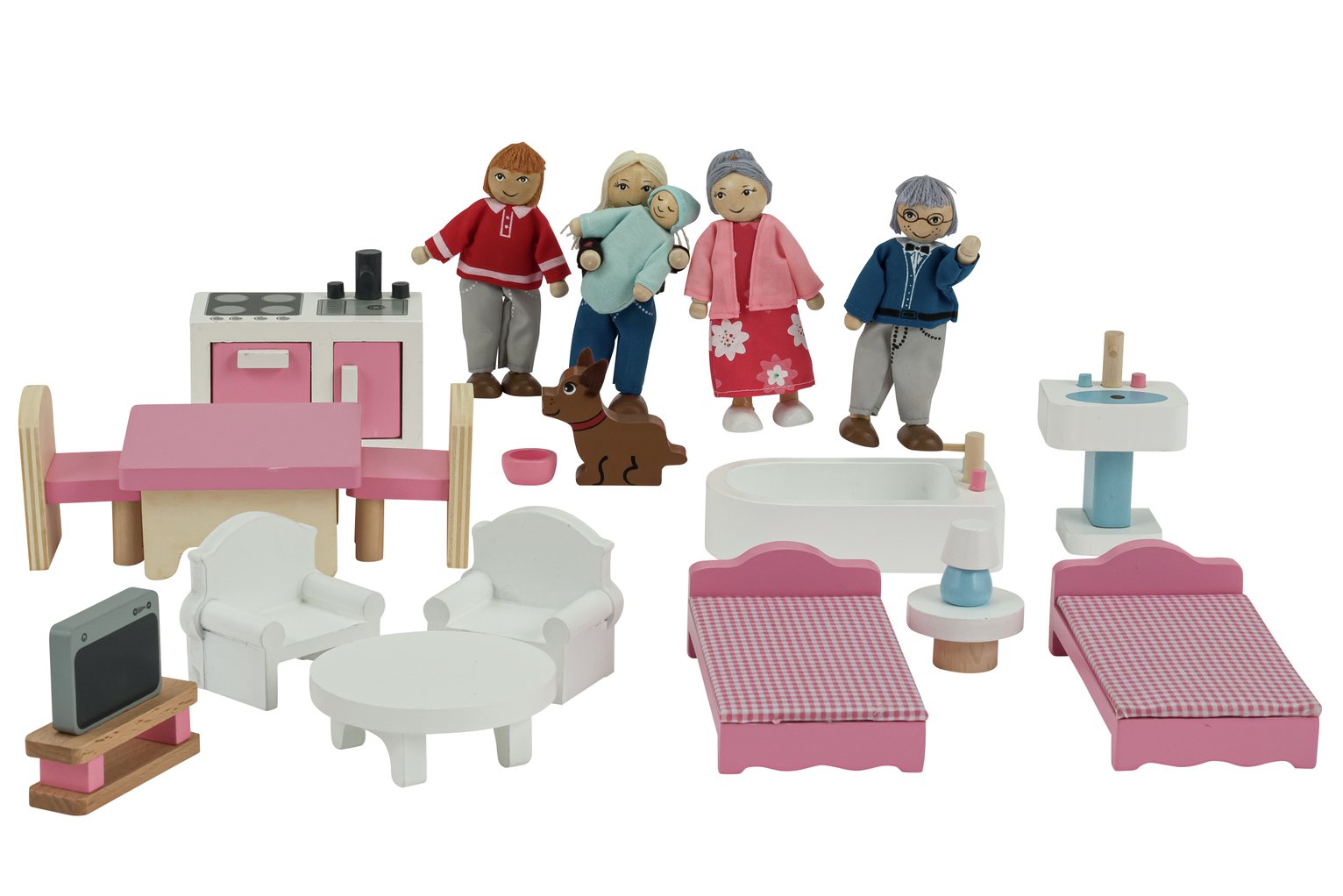 dolls house with furniture and doll family