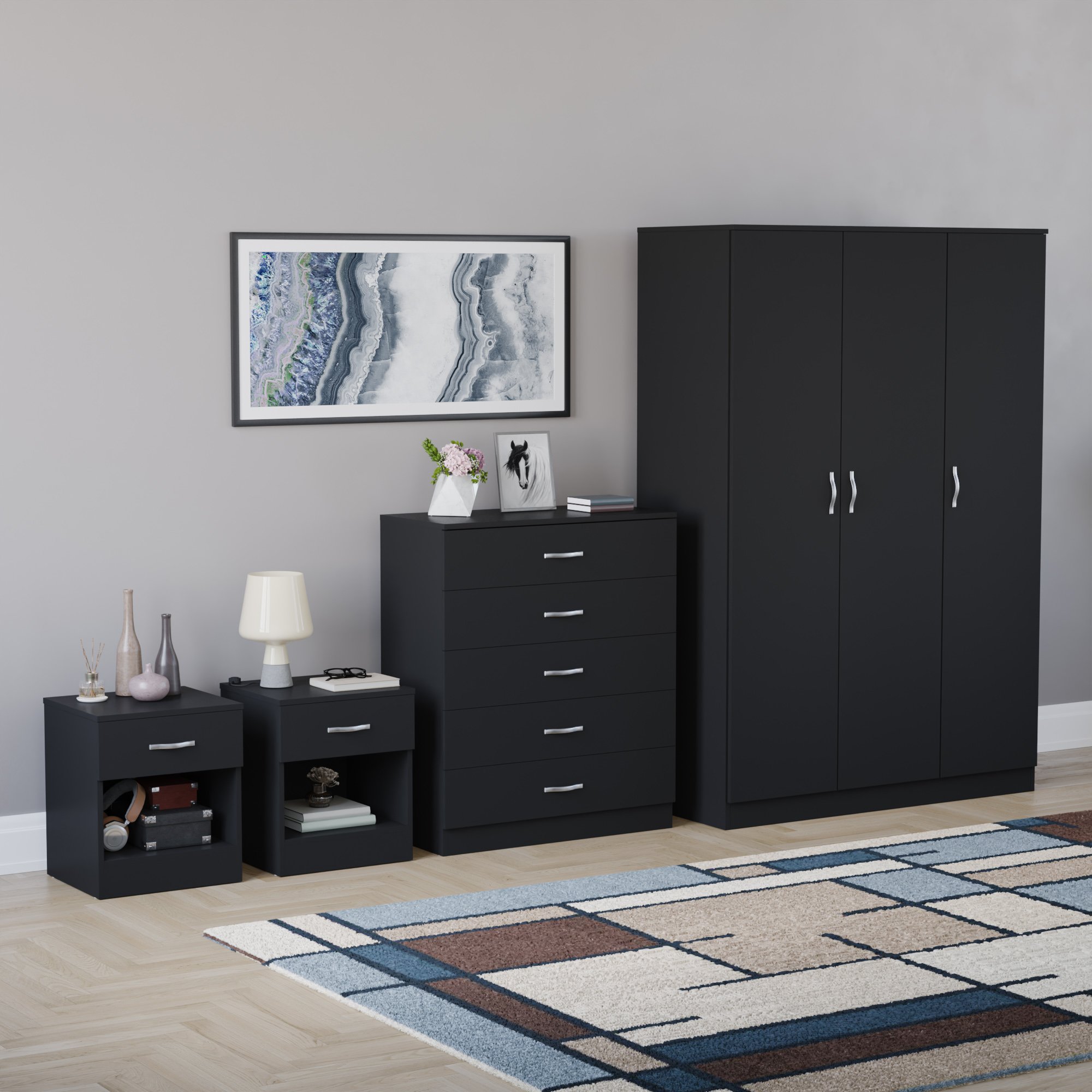 Vida Designs Riano Bedroom Set (Bedsides, 5 Drawer Chest, 3 Door Wardrobe)-Black