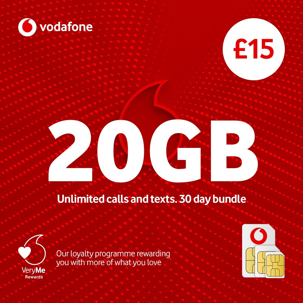 VODAFONE 20GB Pay As You Go SIM Card 