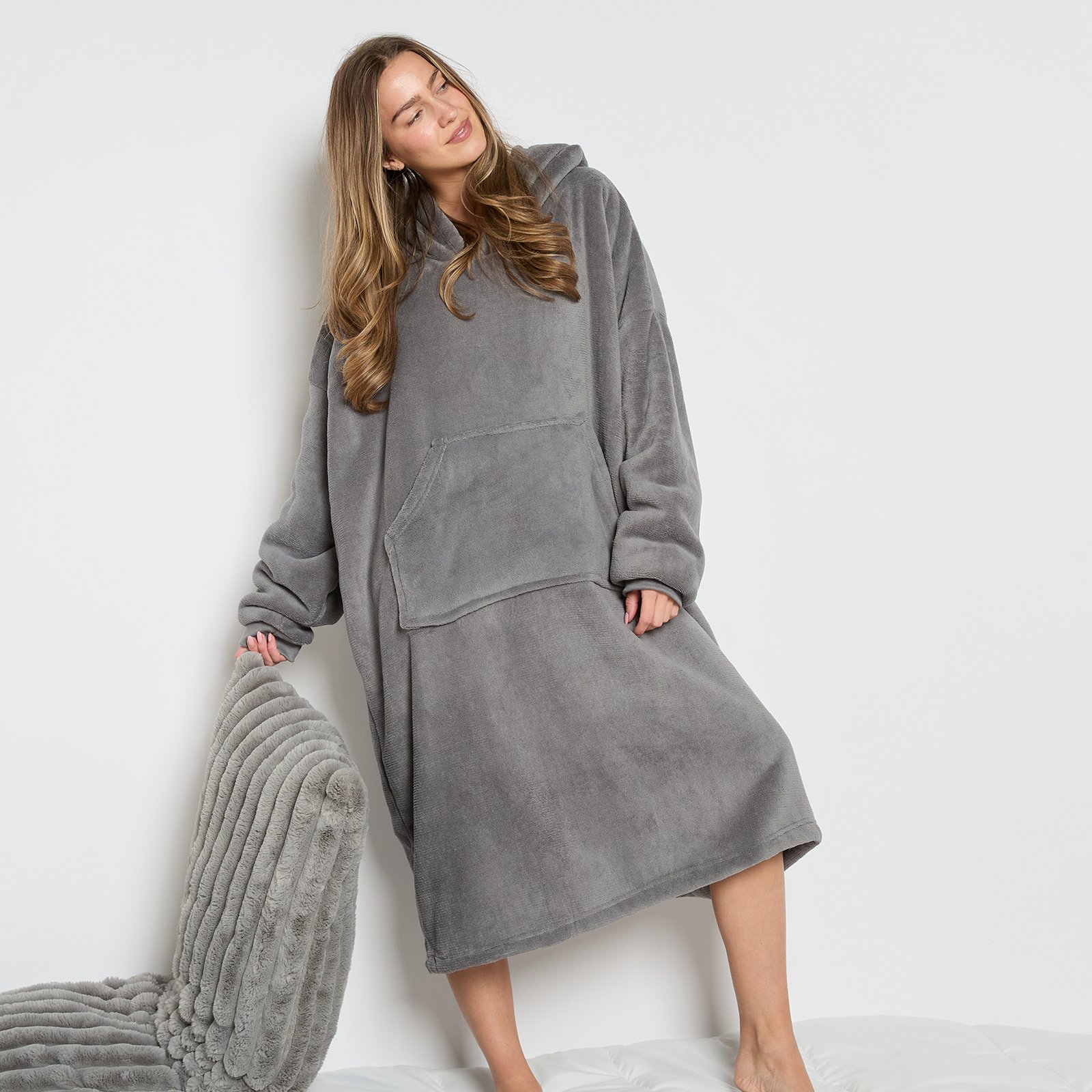 OHS Extra Long Coral Fleece Hoodie Blanket - One Size - Charcoal