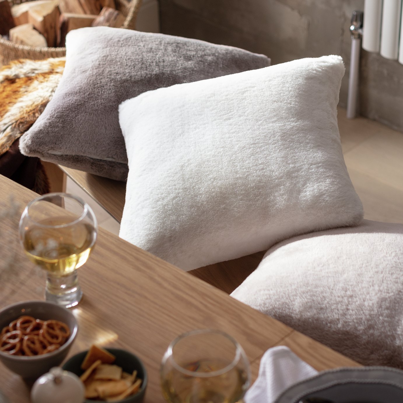 Habitat Plain Faux Fur Cushion - Cream - 43x43cm