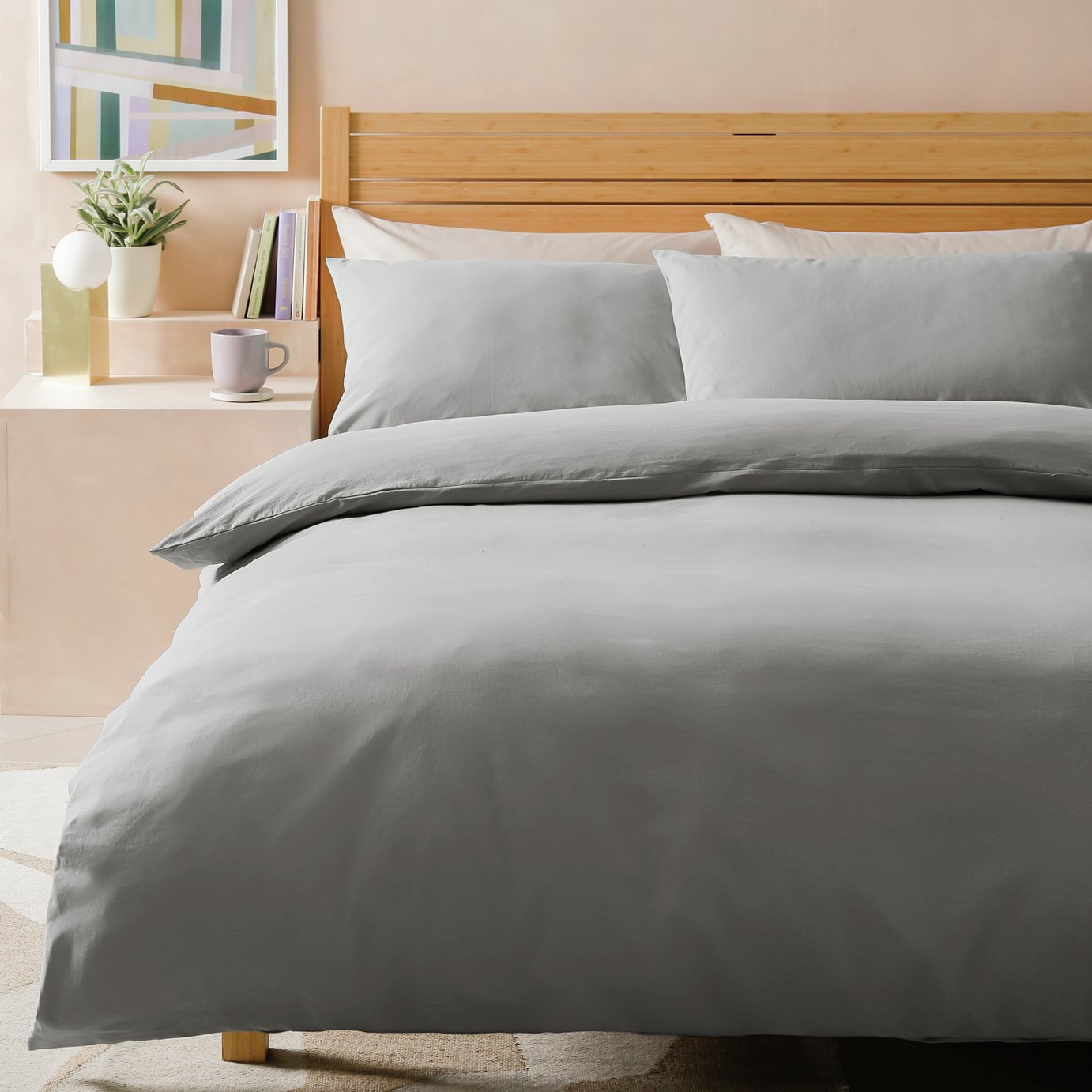 Habitat Stonewashed Cotton Plain Grey Bedding Set- Superking