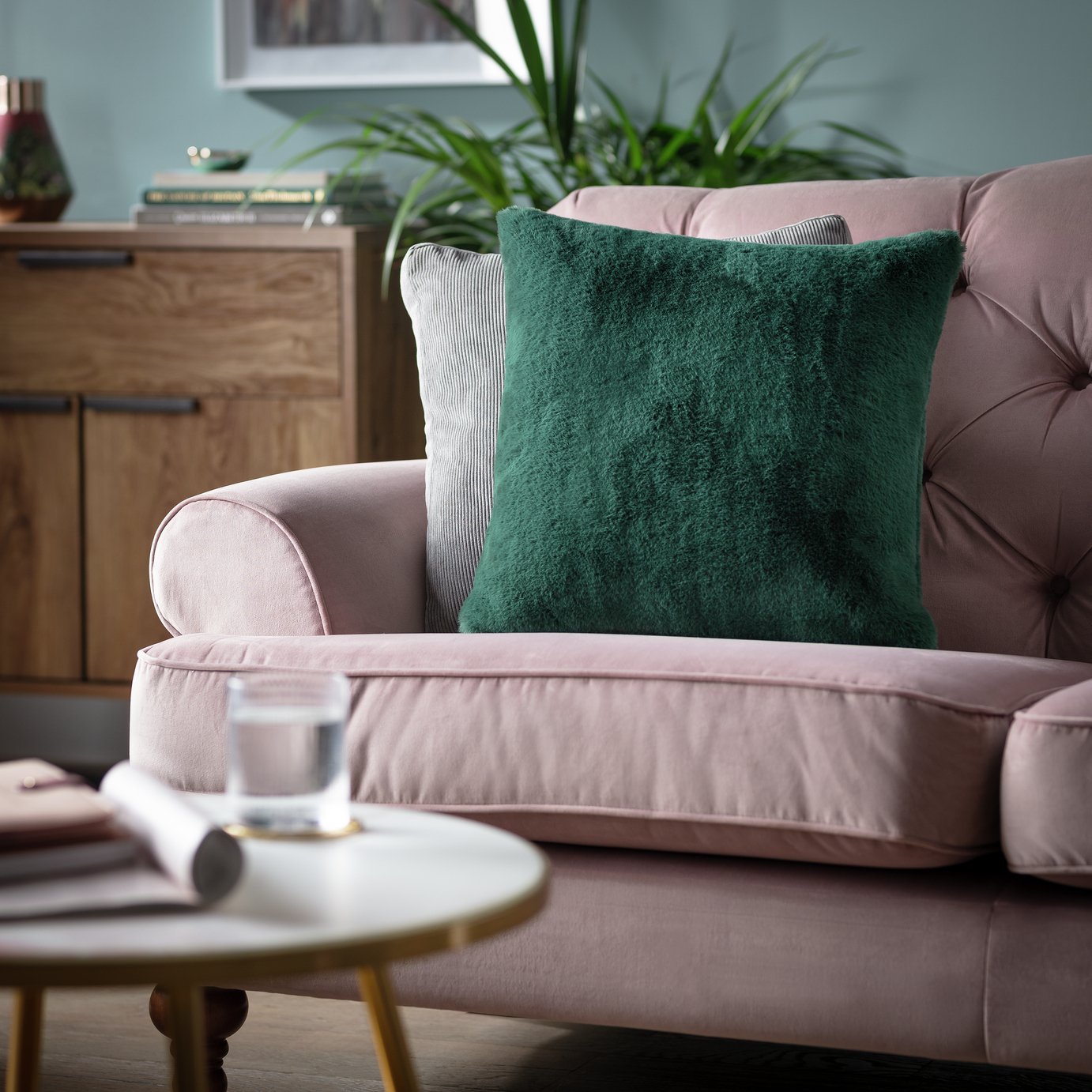 Habitat Plain Faux Fur Cushion - Emerald Green - 43x43cm