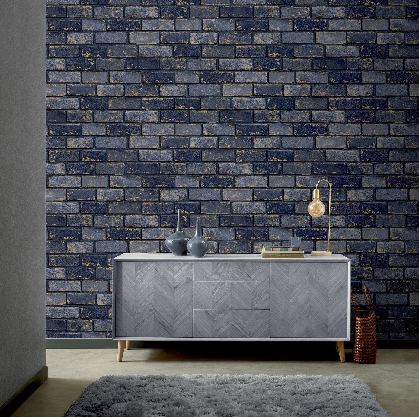 Arthouse Metallic Brick Navy Blue Wallpaper