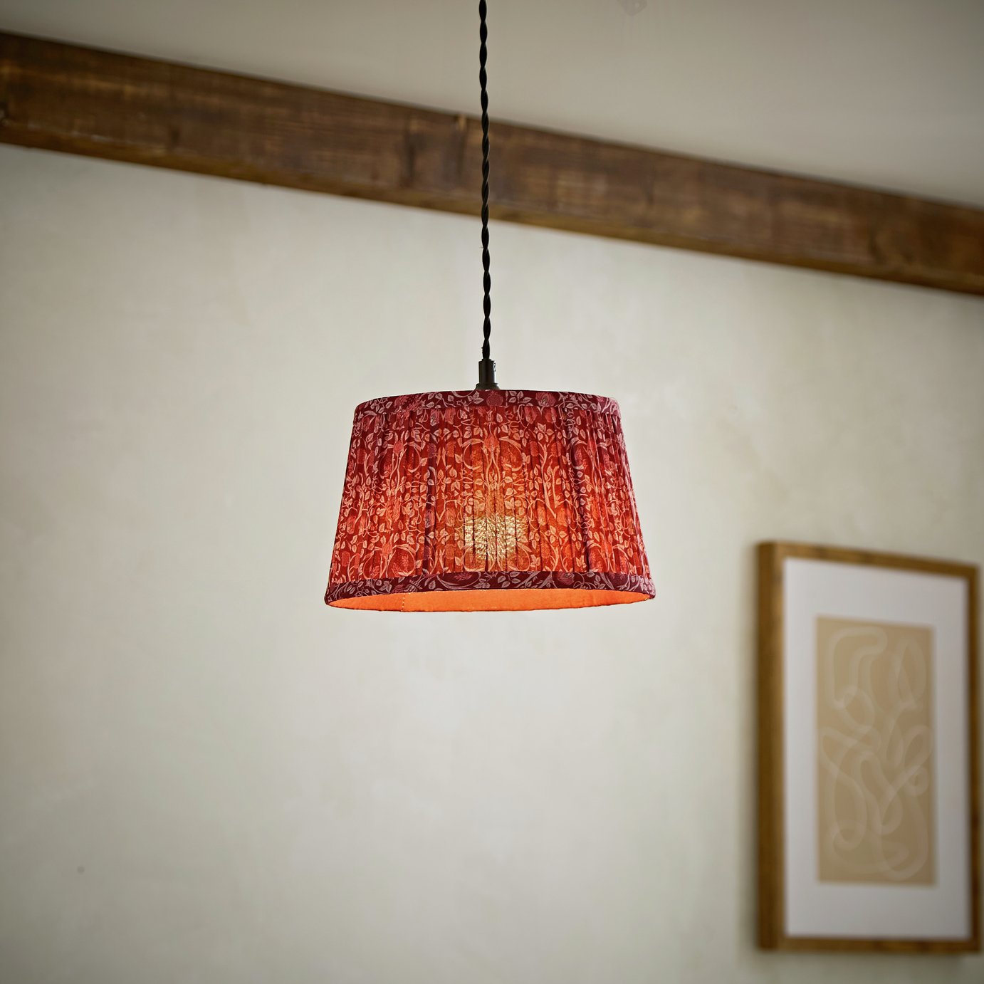 ValueLights Abel Burgundy Cotton Floral Pleated Easy Fit Lampshade - 25cm