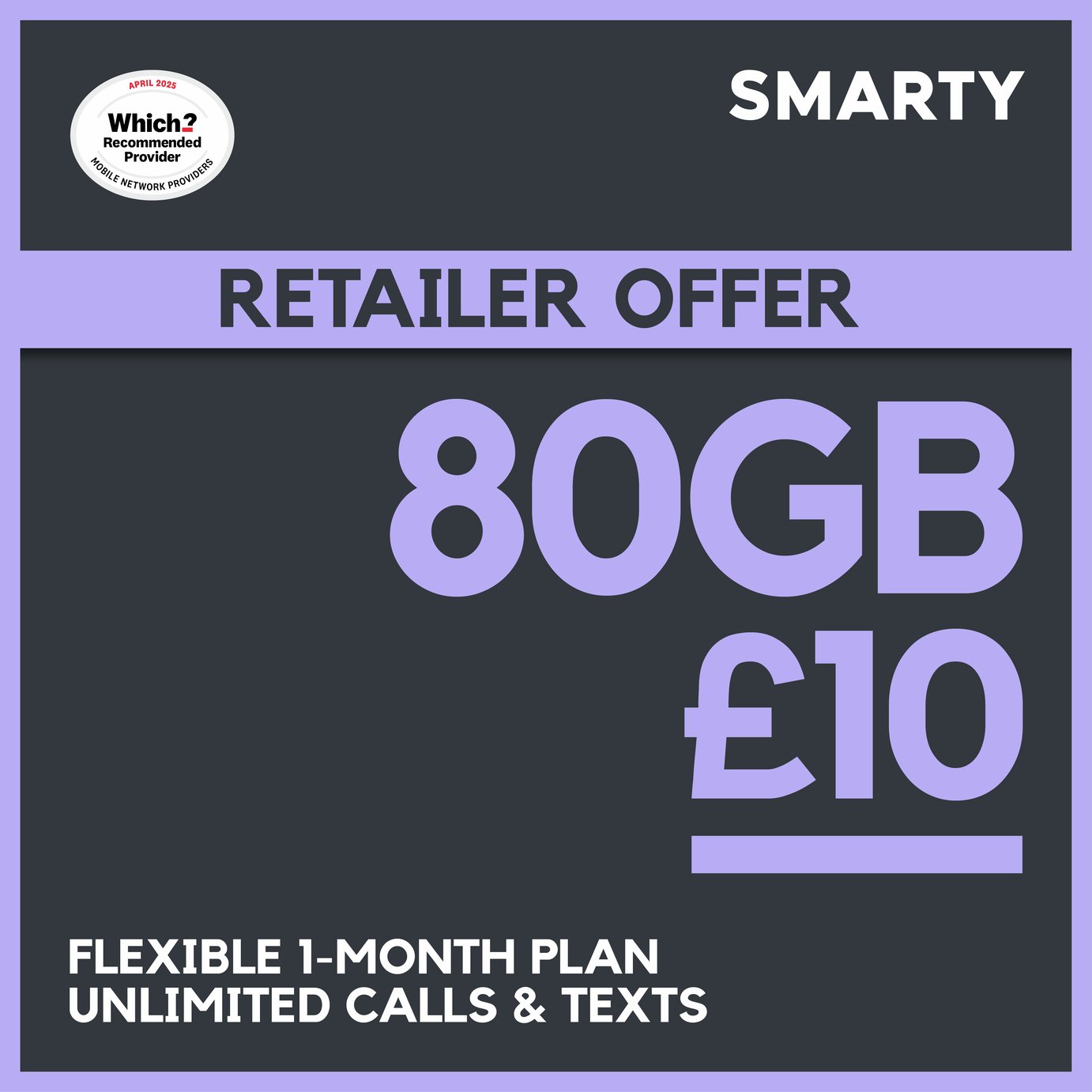 SMARTY 80GB 30 Day Pay As You Go SIM Card