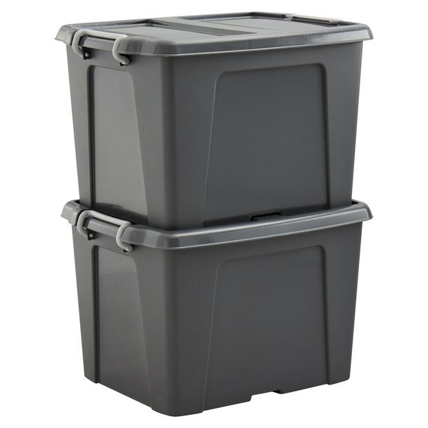 Grey plastic storage shop boxes with lids