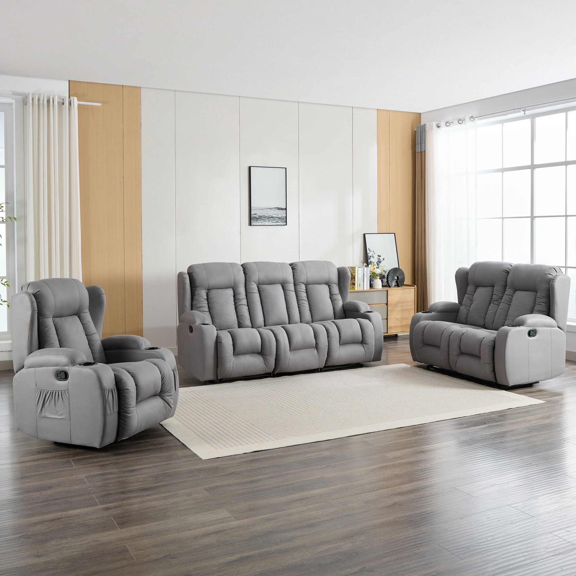 Furniture Online Caesar Manual Recliner Fabric 1+2+3 Seater Sofa Set - Grey