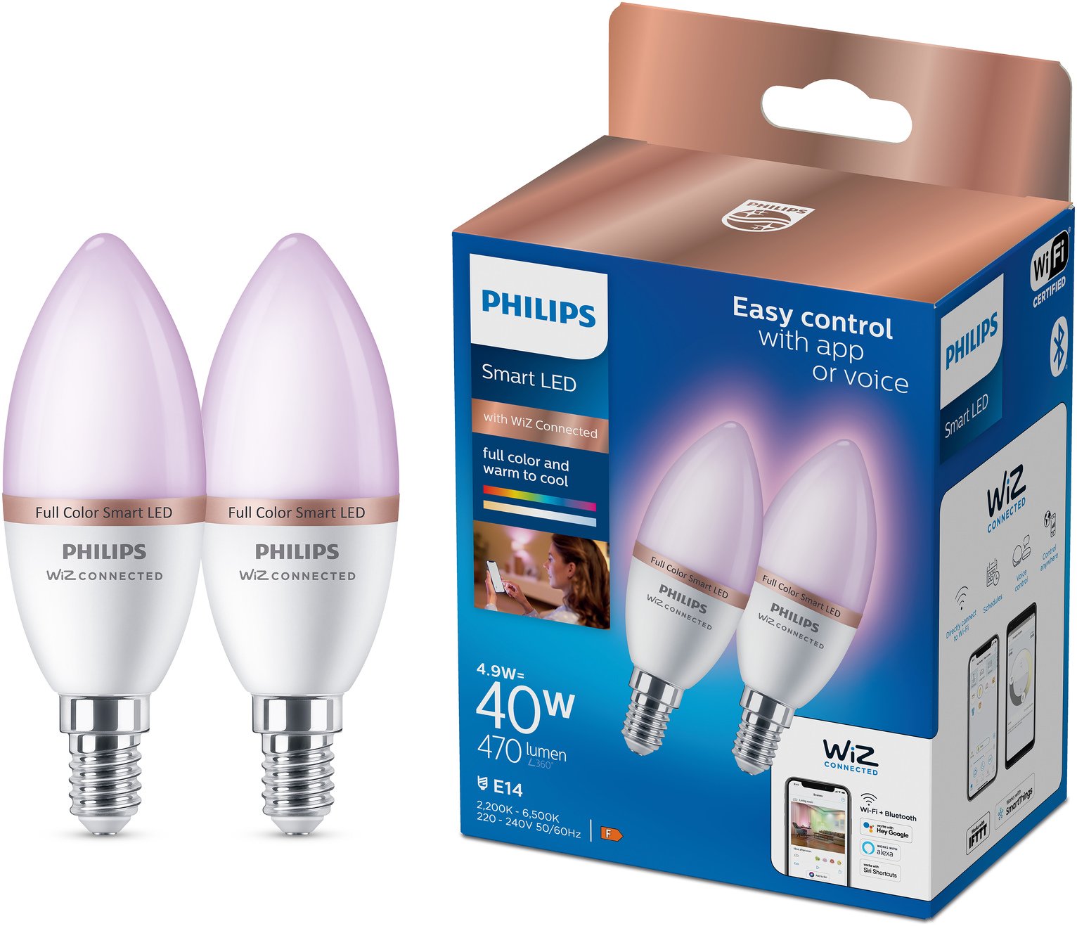 Philips WiZ E14 Colour Smart LED Wi-Fi Candle Bulbs - 2 Pack