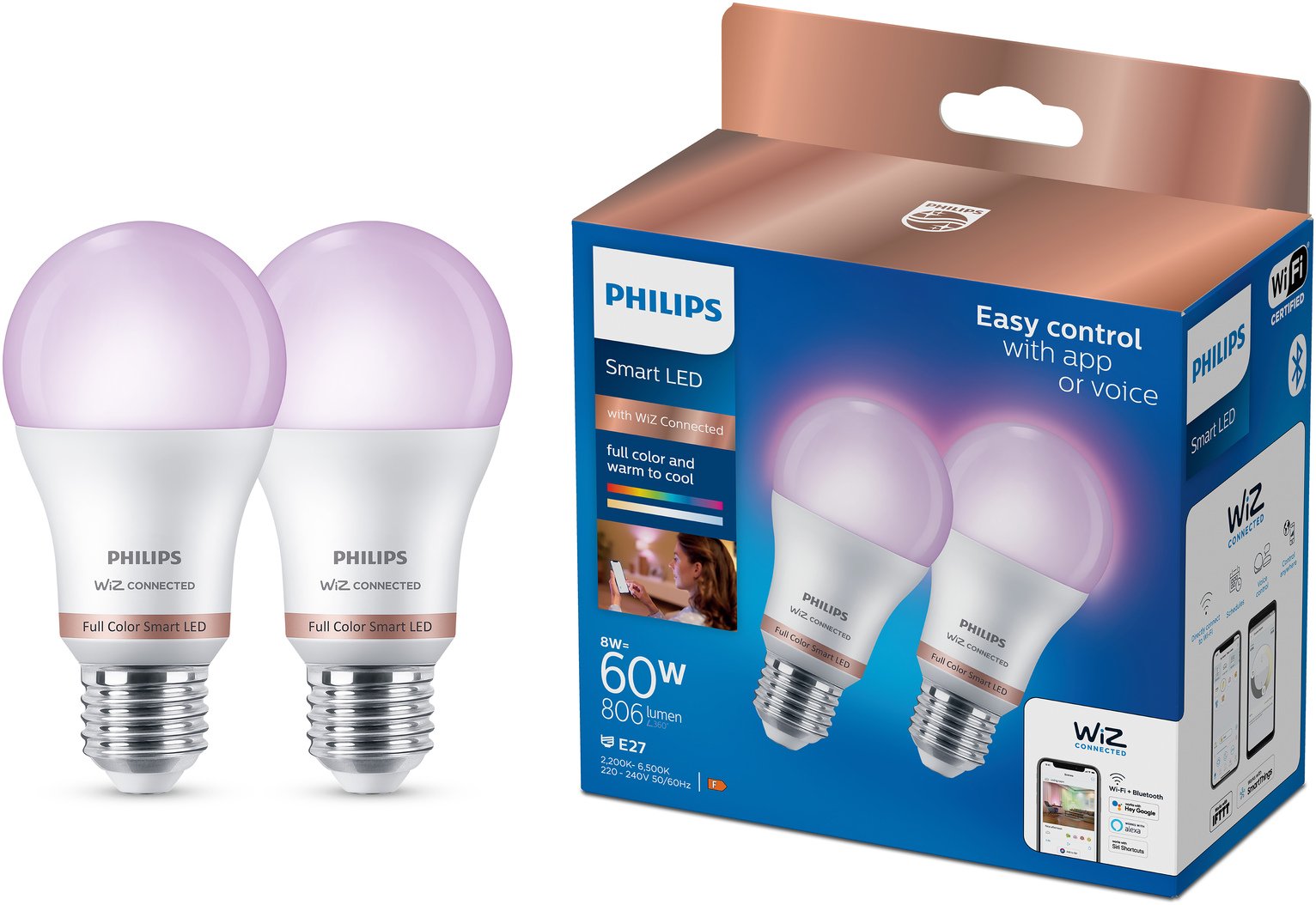 Philips WiZ E27 Colour Smart LED Wi-Fi Bulb - 2 Pack