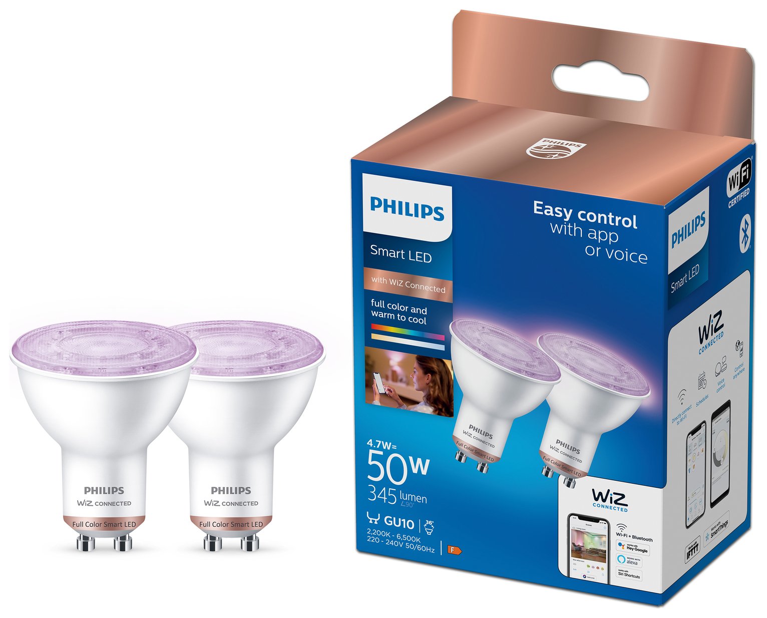Philips WiZ GU10 Colour Smart LED Wi-Fi Bulb - 2 Pack