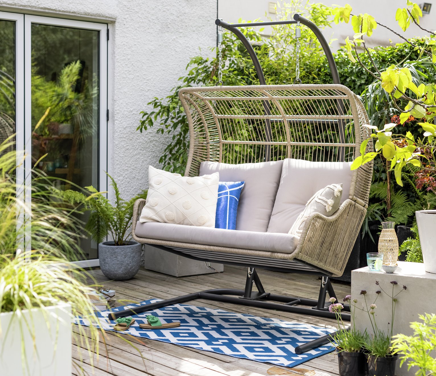 Habitat Malta Double Steel Garden Hanging Chair - Beige