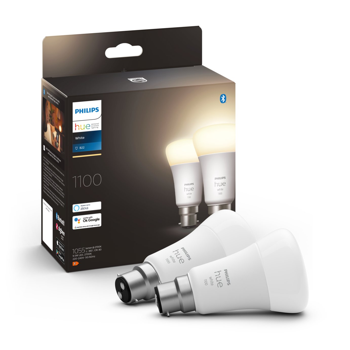 Philips Hue B22 9.5W White Smart Bulb - 2 Pack