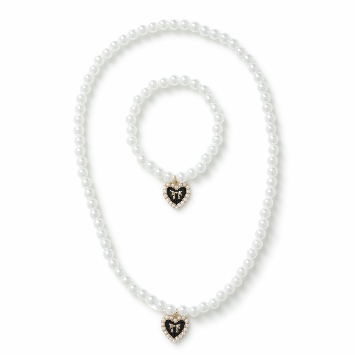 Flitzy Heart Charm Pearl Necklace and Bracelet Jewellery Set