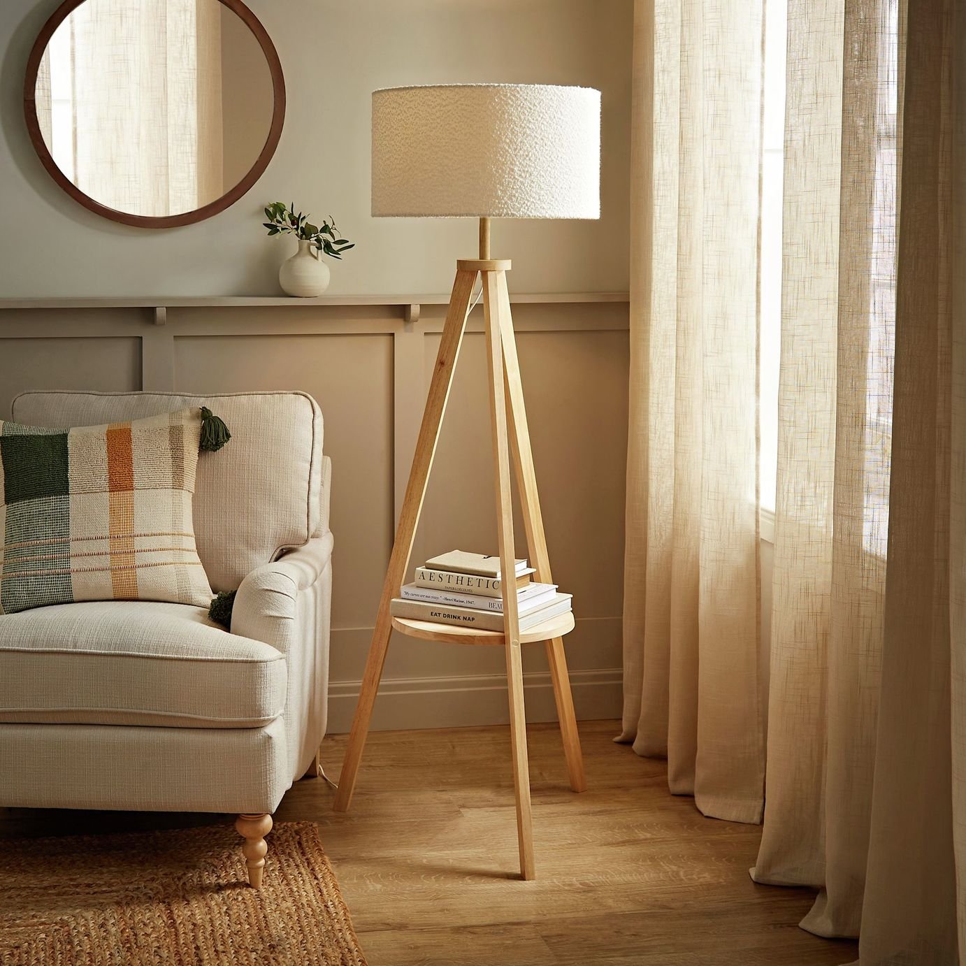 ValueLights Morrigan Cream Boucle With Wood Tripod Floor Lamp - Cream