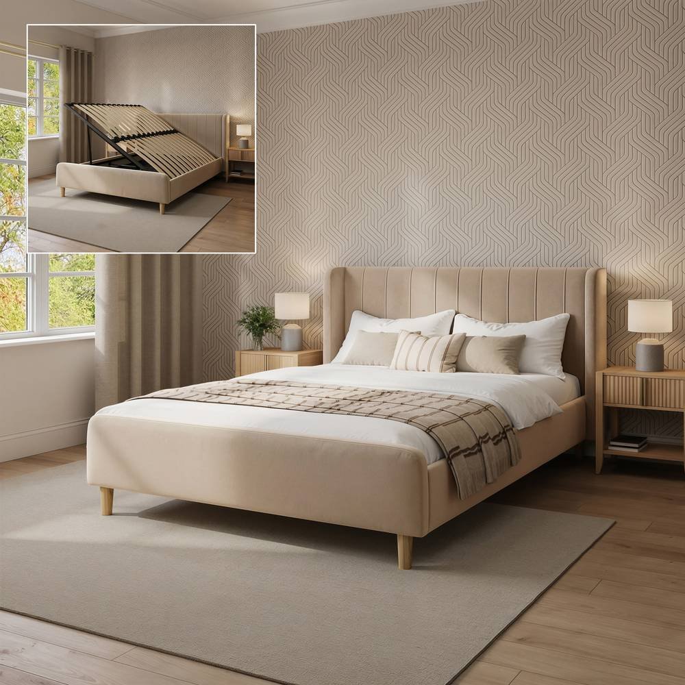 XR Living Lola King Size Velvet Side Lift Ottoman Bed Frame - Beige
