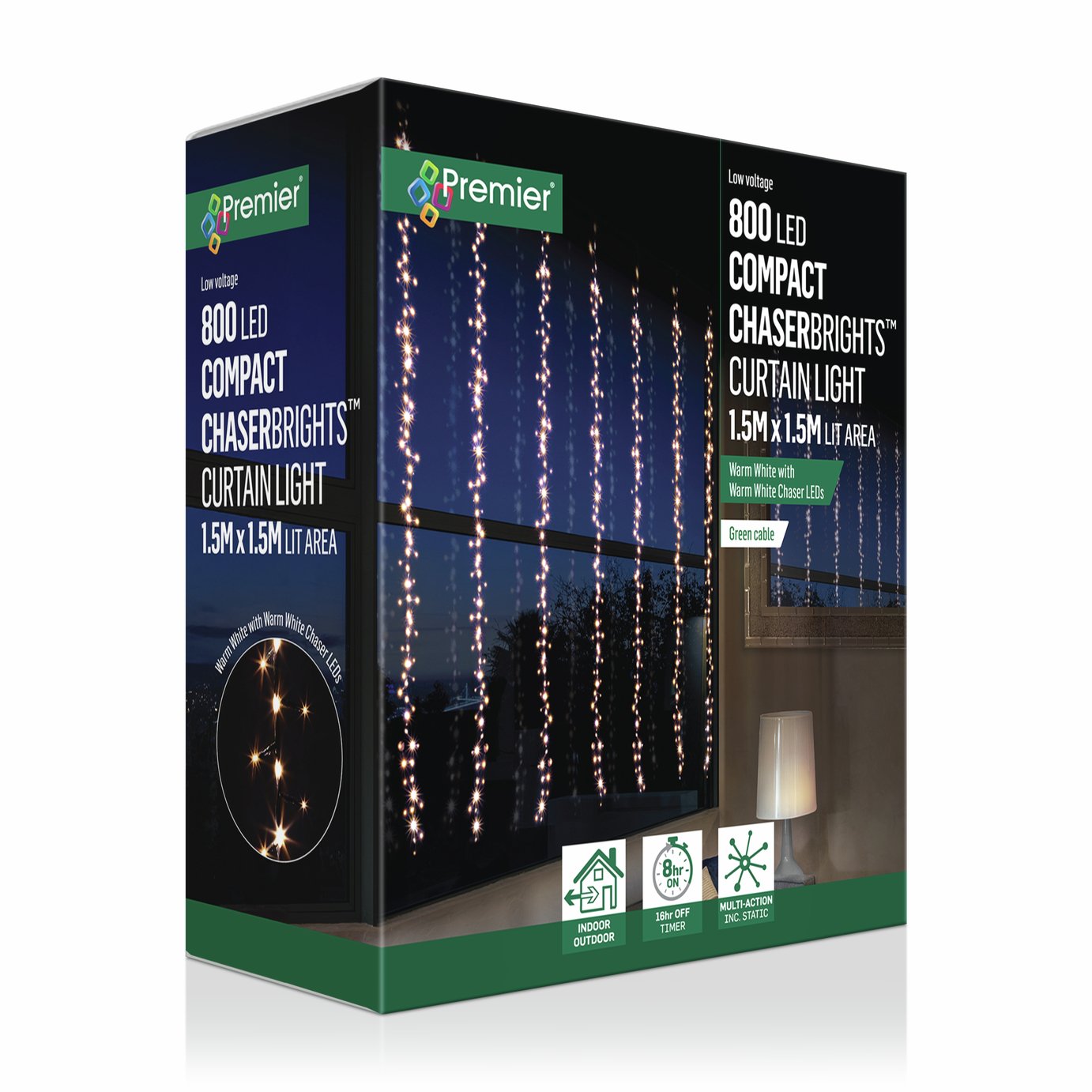 Premier Decorations 800 LED Compact Chasing Curtain Lights - Warm White