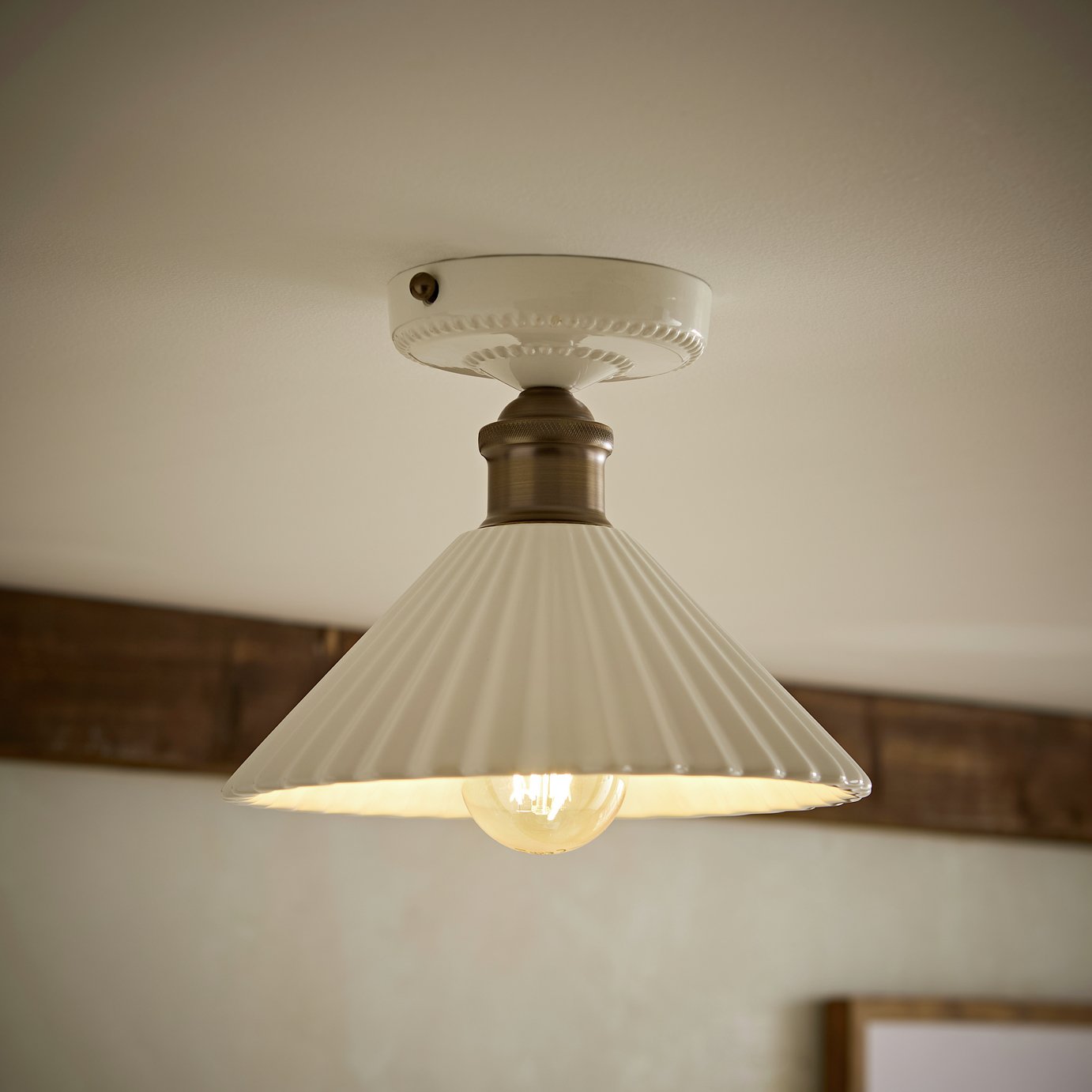 ValueLights Burford Ceramic Ribbed Flush Ceiling Light - White